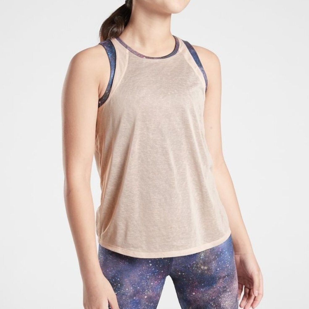 Athleta Girl Team Up Layered Tank L‎ 12 Pink Navy Blue Galaxy Print